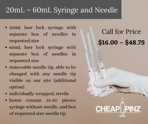 Individual complete boxes contain 100 syringes without needle.  Every syringe will come individually wrapped in a sterile packaging.  Products available in multiple quantities.  To accommodate customers requests for all needle sizes, compatible needle tips to fit each syringe can be included with this order. 

Call us- 305-742-1720
Email us- vetbymail@gmail.com
Visit us- https://cheappinz.com