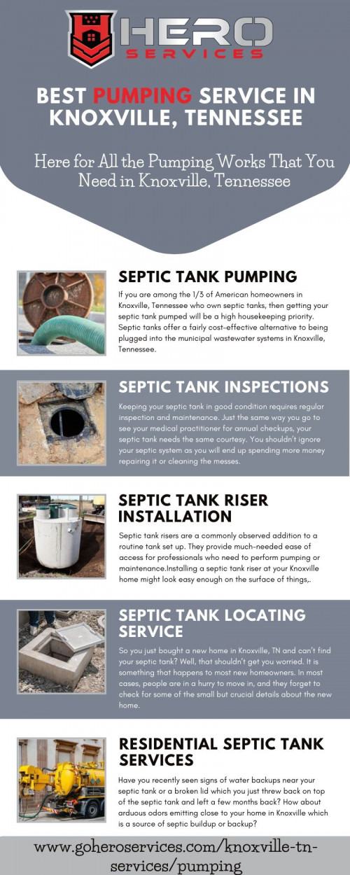 Visit us at - https://goheroservices.com/knoxville-tn-services/pumping/
Looking for professional pumping services in Knoxville? Septic pumping is one of the most effective ways to maintain the septic system in Knoxville, TN. You can trust our team of experts in Knoxville, TN in septic tank pumping at Hero services for people living in the Knoxville area and having a home fitted with a septic system when you need emergency or regular septic tank pumping.
