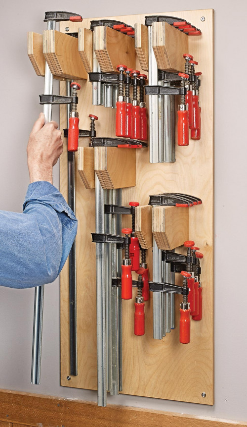 Perfect Clamp Rack to keep clamps properly and at your hands' reach. If you have a free wall space near your working station, you can have a perfect storage rack for your clamps and make your work easy.https://www.woodsmith.com/article/space-saving-bar-clamp-rack/