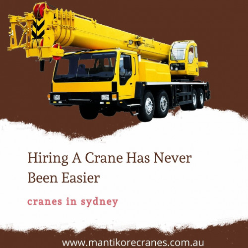 Mantikore Cranes is the supplier of cranes in Sydney. We provide safe and reliable cranes of all types for sale and hire for construction sites. We supply highly-skilled well-trained crane personnel for a short or long duration. Mantikore cranes provide cost-effective solutions to the lifting needs of its clients. Whichever crane you can be assured it is the most viable to get the job done.  We provide Tower Crane, Mobile Cranes, Self-Erecting cranes, Electric Luffing cranes etc. View our complete range of new and used construction equipment and machinery for sale throughout Australia. Give us a call on 1300 626 845 to hire cranes!


Website:  https://mantikorecranes.com.au/

Address:  PO BOX 135 Cobbitty NSW, 2570 Australia
Email:  info@mantikorecranes.com.au 
Opening Hours:  Monday to Friday from 7 am to7 pm

You can follow us on our social accounts:
 
Facebook
https://www.facebook.com/pg/Mantikore-Cranes-108601277292157/about/?ref=page_internal
Instagram
https://www.instagram.com/mantikorecranes/
Twitter
https://twitter.com/MantikoreC