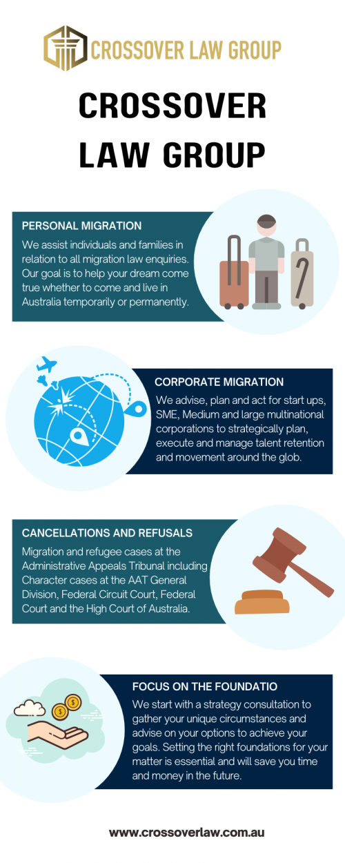 Specialist Award Winning Immigration Lawyers - https://crossoverlaw.com.au/
Crossover Law Group is a new type of a law firm specialising in Immigration Law. We founded the firm to ensure that top quality migration advice is delivered.