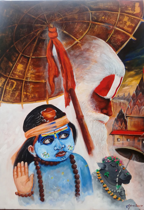 It is Banaras scene, also know as Kashi Nagri. It is one of the largest religious place of Hindus. In this painting, the face of a Sadhu (monk) and a child who has made a face of Shiva is illustrated here.