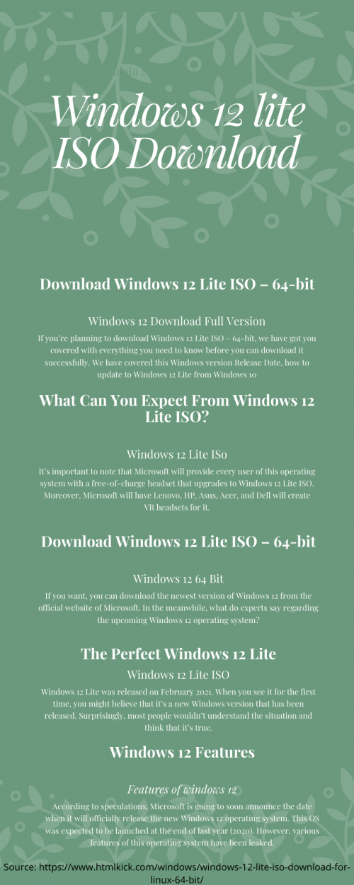 The new platform window 12 will be better than any available now, and this will be expressed literally in everything. So, it will provide increased speed, an enhanced security system, and at the same time a significant increase in battery life on laptops and tablets due to code optimization, the latest energy-saving algorithms and a reduction in the number of background processes.For more information or Download Windows 12 Full Version 32 and 64 bit visit our website: https://www.htmlkick.com/window/windows-11-iso-64-bit-32-bit-update-download/