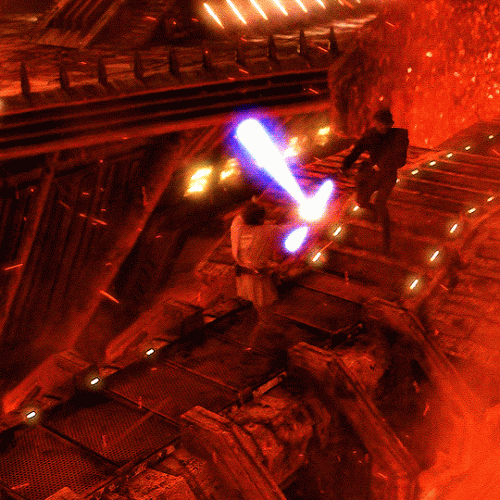 Anakin Skywalker and Obi-Wan Kenobi fight on Mustafar in Star Wars III: Revenge of The Sith