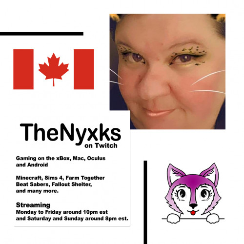 TheNyxks on Twitch
Gaming on the xBox, Oculus, Mac and Android
Minecraft, Sims 4, Farm Together, Beat Sabers, Fallout Shelter and many more.
Streaming
Monday to Friday around 10pm est
and Saturday and Sunday around 8pm est.