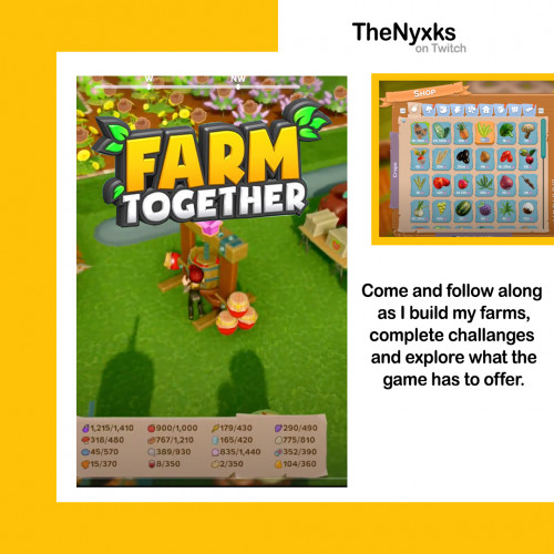 TheNyxks on Twitch
Come and follow along as I build my farms, complete challenges and explore what the game has to offer in Farm Together.