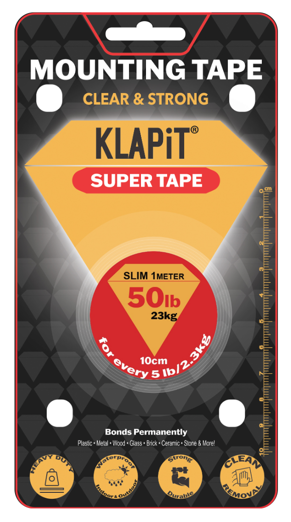 KLAPiT SUPER TAPE Slim 1 Meter Holds 50LB/23kg, Uses Enhanced Nano Technology CLEAR & STRONG Magic Improvement Double Sided HEAVY DUTY MOUNTING TAPE, Clean Removal, Waterproof, Transparent & Traceless