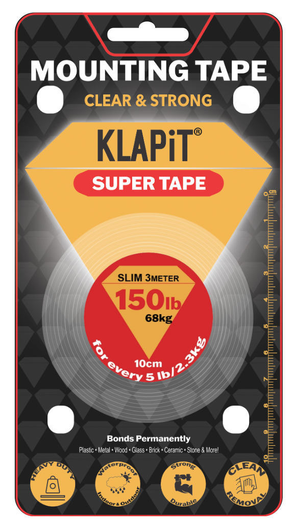 KLAPiT SUPER TAPE Slim 3 Meter Holds 150LB/68kg, Uses Enhanced Nano Technology CLEAR & STRONG Magic Improvement Double Sided HEAVY DUTY ING TAPE Clean Removal, Waterproof, Transparent & Traceless