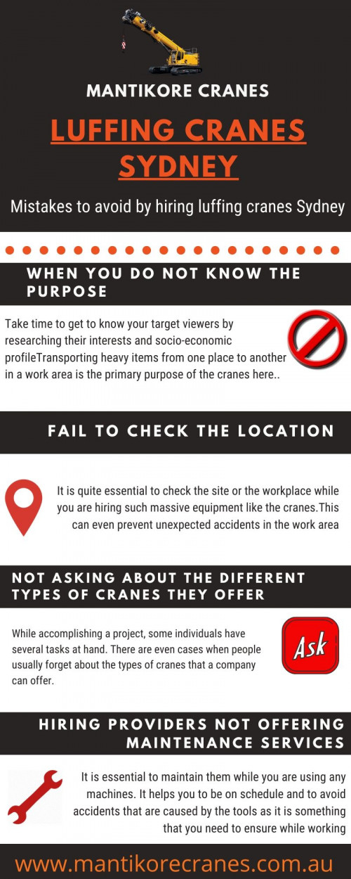 Looking for luffing cranes Sydney, it is important to look for the right service provider that helps you with the affordable crane. Luffing cranes are specially designed to be erected quickly and easily. Over 20 years of industry experience in the wet and dry hire of tower cranes and providing mobile cranes. Big enough to do the job small enough to care. Our cranes and personnel are suitably skilled and experienced to overcome all kinds of crane challenges. Ranging from small to large projects we have a crane to meet your needs. We are committed to completing all projects safely, efficiently, on budget and on-time. We also provide buyback options once your crane has completed your project. We have more than 29 years of experience working in the crane hire industries in Australia. We assure you that you will receive the best crane hire services.  Cranes available for sale or hire to the construction sector. Cranes we provide are Tower Crane, Mobile Cranes, Self-Erecting cranes, Electric Luffing cranes etc.   Experienced operators and personnel are available for short- or long-term assignments.  For more information visit our site today.  info@mantikorecranes.com.au, call us on 1300 626 845.

Website:  https://mantikorecranes.com.au/

Follow us on our Social accounts:

Facebook
https://www.facebook.com/pg/Mantikore-Cranes-108601277292157/about/?ref=page_internal

Instagram
https://www.instagram.com/mantikorecranes/

Twitter
https://twitter.com/MantikoreC