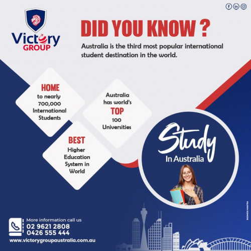 Victory Group Australia is an Australian-owned company based in Sydney and registered in New South Wales. Victory Group a comprehensive range of services to member institutions and potential international students through a network of affiliated offices in different parts of the world. Director and staff at Victory Group have more than 8 years of experience in the Education and Immigration field with a commitment to providing expert and ethical advice to people wanting to study or migrate to Australia. Visit https://victorygroupaustralia.com.au/