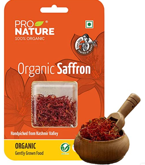 Pro Nature 100 per cent Certified Organic Saffron is grown in the serene pollution free regions of Kashmir, which is considered the best in the world for its distinctive long silky threads with a dark red color. It is known for its pleasant aroma and its powerful coloring and flavoring capabilities. Directions to Use: Add 50-100 mg of Pro Nature Organic Saffron in warm water or milk. For best results, stir and leave for 30 mins. Add this mixture to your drink or recipe. Always store in a cool and dry place. Keep away from sunlight.