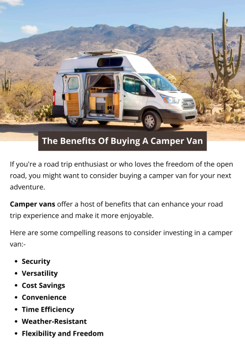 Investing in a camper van brings numerous advantages. It enables affordable and flexible travel, eliminating accommodation costs and allowing spontaneous trips. Camper vans serve as both transportation and cozy living quarters, offering convenience and comfort. They facilitate outdoor exploration, providing the freedom to camp in diverse locations. To know more visit here https://commercialvansolutions.com/travois-vans/