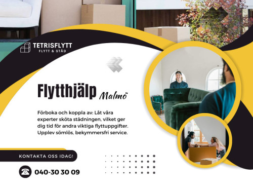 Från effektiv packning och säker transport till personlig service och sinnesfrid, vårt team är här för att göra din flytt framgångsrik. Säg adjö till flyttstress och hej till en nystart med vår expert flytthjälp Malmö.

Officiell webbplats: https://www.tetrisflytt.se/

Tetrisflytt & Städ - Flyttfirma Malmö
Adress: Formgatan 26, 216 45 Limhamn, Sweden
Telefon: +4640303009

Hitta oss på Google Map: http://maps.app.goo.gl/z8b3oibknRV78jUP8

Google Business Site: https://tetrisflytt-stad-flyttfirma-malmo.business.site

Vår profil: https://gifyu.com/tetrisflytt

Fler bilder:
https://rcut.in/WfhMqCD7
https://rcut.in/6Mna3KAv
https://rcut.in/TKBPV8Zx
https://rcut.in/r8NAtiYk