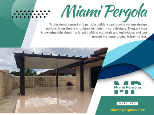 A Miami Pergola can be transformed into an outdoor dining area or a cozy lounge, while a carport can serve as a multifunctional space for various activities. 

Official Website: https://miami-pergolas.com/
Google Business Site: https://miami-pergolas-insulated-patio.business.site

Address: 11940 sw 212th st, Miami Fl, 33177, United States
Tell: 7869912423

Find us on Google Map : http://maps.app.goo.gl/gXeZNakr8LXiCpnRA

Our Profile: https://gifyu.com/miamipergolas
More Images: 
https://tinyurl.com/2w368s5x
https://tinyurl.com/mr28ycjn
https://tinyurl.com/2p83ue8c
https://tinyurl.com/4c8y6vps