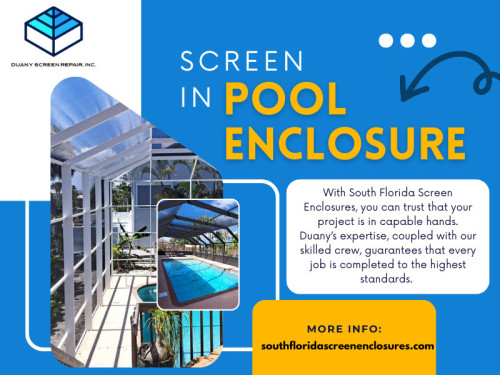 The type of material used for your screen in pool enclosure significantly affects repair costs. Some materials are known for their durability and resistance to rust, while others may be more budget-friendly but require more frequent repairs.

Official Website : https://southfloridascreenenclosures.com/

Duany Screen Repair Inc.
Address: 3840 NW 176th ST, Miami Gardens, Florida 33055, USA
Phone: 786-623-9063

Find Us On Google Map: http://maps.app.goo.gl/AHDB2HzES8wNEezr5

Our Profile: https://gifyu.com/screenenclosures

More Photos:  

https://is.gd/jCGenx
https://is.gd/BdZYfy
https://is.gd/MLIIFM
https://is.gd/yGwExJ