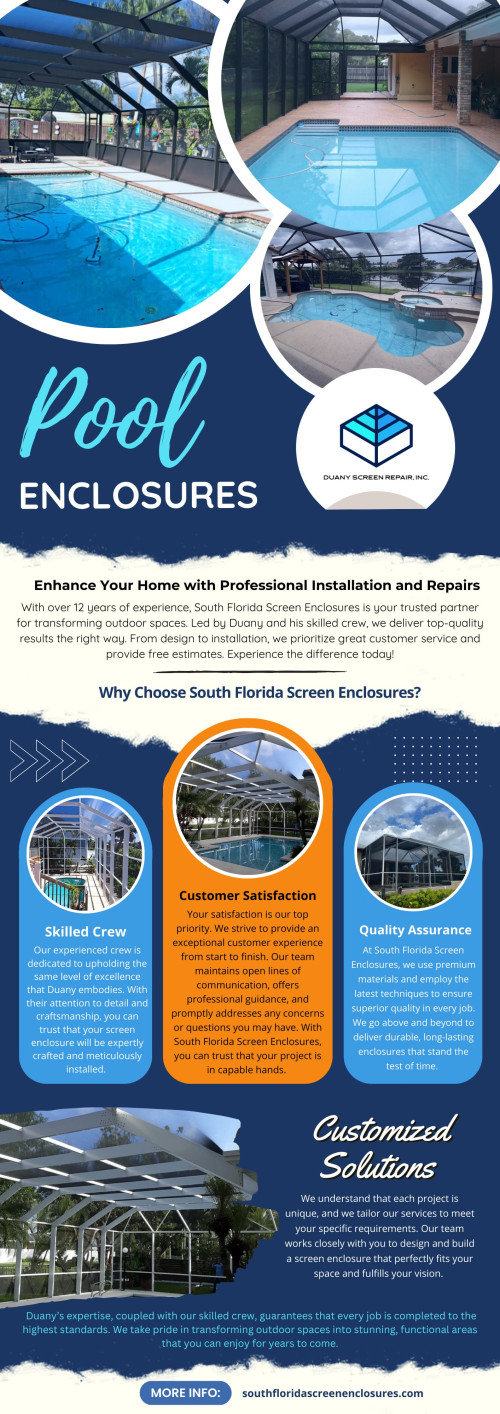 One of the most common maintenance issues with pool enclosures screen is mesh damage, often caused by weather and wear and tear. While repairing damaged mesh is relatively straightforward, the cost of replacement material can add up over time. 

Official Website : https://southfloridascreenenclosures.com/

Duany Screen Repair Inc.
Address: 3840 NW 176th ST, Miami Gardens, Florida 33055, USA
Phone: 786-623-9063

Find Us On Google Map: http://maps.app.goo.gl/AHDB2HzES8wNEezr5

Our Profile: https://gifyu.com/screenenclosures

Next Info:  http://chilp.it/04334c0