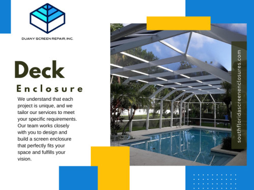 Safety is a top priority if you have children or pets. A Pool screen or Deck enclosure acts as a barrier that prevents unauthorized access to your pool. This added layer of security can give you peace of mind, knowing that your loved ones are protected from potential accidents.

Official Website : https://southfloridascreenenclosures.com/

Duany Screen Repair Inc.
Address: 3840 NW 176th ST, Miami Gardens, Florida 33055, USA
Phone: 786-623-9063

Find Us On Google Map: http://maps.app.goo.gl/AHDB2HzES8wNEezr5

Our Profile:  https://gifyu.com/screenenclosures

More Photos:  

https://is.gd/9mW2mR
https://is.gd/VLwTZN
https://is.gd/5d2uUl
https://is.gd/XrBjLn