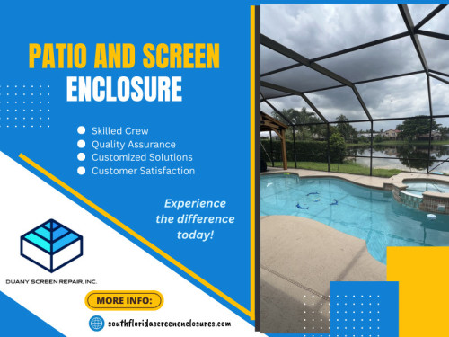 A well-maintained pool area can add significant value to your property. When it comes time to sell your home, a pool Patio and screen enclosure in good condition will be an attractive feature for potential buyers, potentially increasing your property's resale value.

Official Website : https://southfloridascreenenclosures.com/

Duany Screen Repair Inc.
Address: 3840 NW 176th ST, Miami Gardens, Florida 33055, USA
Phone: 786-623-9063

Find Us On Google Map: http://maps.app.goo.gl/AHDB2HzES8wNEezr5

Our Profile:  https://gifyu.com/screenenclosures

More Photos:  

https://is.gd/9y7tY8
https://is.gd/9mW2mR
https://is.gd/5d2uUl
https://is.gd/XrBjLn