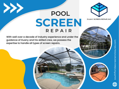 Having your pool screen repair is crucial because a beautiful, well-maintained swimming pool is the epitome of outdoor luxury. It's a place where families and friends gather to beat the heat, relax, and have endless fun. However, the joy of pool ownership comes with its share of responsibilities. One crucial aspect of pool maintenance is ensuring your area remains clean and safe, free from debris, bugs, and leaves. 

Official Website : https://southfloridascreenenclosures.com/

Duany Screen Repair Inc.
Address: 3840 NW 176th ST, Miami Gardens, Florida 33055, USA
Phone: 786-623-9063

Find Us On Google Map: http://maps.app.goo.gl/AHDB2HzES8wNEezr5

Our Profile:  https://gifyu.com/screenenclosures

More Photos:  

https://is.gd/Fbib9R
https://is.gd/HIExsp
https://is.gd/zyVISq
https://is.gd/r4I5qa