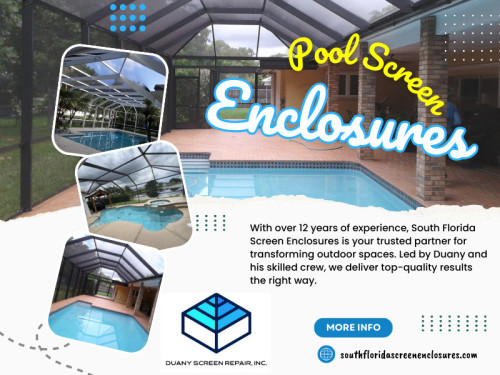 Pool screen enclosures can add aesthetic value to any home and provide a cost-efficient solution for protection from the elements. However, before installing a pool screen enclosure, homeowners should consider the long-term costs of maintaining and repairing them. 

Official Website : https://southfloridascreenenclosures.com/

Duany Screen Repair Inc.
Address: 3840 NW 176th ST, Miami Gardens, Florida 33055, USA
Phone: 786-623-9063

Find Us On Google Map: http://maps.app.goo.gl/AHDB2HzES8wNEezr5

Our Profile:  https://gifyu.com/screenenclosures

More Photos:  

https://is.gd/Fbib9R
https://is.gd/HIExsp
https://is.gd/zyVISq
https://is.gd/WeYqLd
