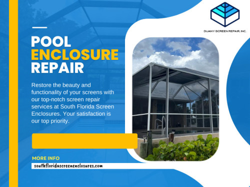 Pool enclosure repair is a crucial aspect of maintaining a pristine swimming environment. Professional pool enclosure repairs not only address any existing issues but also enhance the overall functionality and aesthetic appeal of your pool area. These repairs can include fixing damaged screens, replacing worn-out components, and ensuring that the structure. 

Official Website : https://southfloridascreenenclosures.com/

Duany Screen Repair Inc.
Address: 3840 NW 176th ST, Miami Gardens, Florida 33055, USA
Phone: 786-623-9063

Find Us On Google Map: http://maps.app.goo.gl/AHDB2HzES8wNEezr5

Our Profile:  https://gifyu.com/screenenclosures

More Photos:  

https://is.gd/HIExsp
https://is.gd/zyVISq
https://is.gd/r4I5qa
https://is.gd/WeYqLd