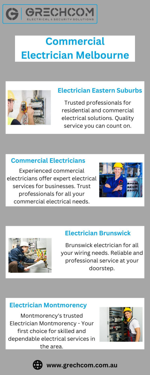 Efficiency is the cornerstone of a successful business. Our commercial electrician Melbourne focus on maximizing electrical efficiency for your commercial space. We offer energy-efficient solutions, including LED lighting and smart electrical systems. By reducing energy consumption and costs, we help your business thrive. Melbourne businesses rely on our commercial electrician services to achieve peak efficiency.
https://www.grechcom.com.au/commercial-electrician