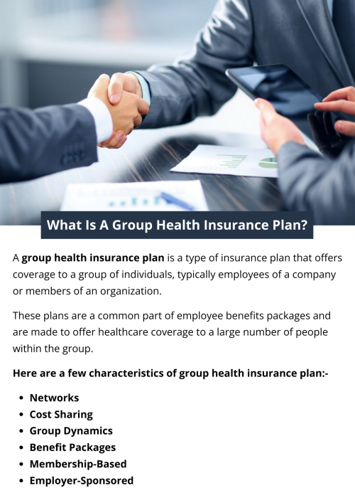 A group health insurance plan is a policy that provides coverage for a group of people, typically employees of a company or members of an organization. It allows individuals within the group to access healthcare services at a lower cost compared to individual plans because the risk is spread across a larger pool. To know more visit here https://www.capbluecross.com/wps/portal/cap/employer/shop-group-plans