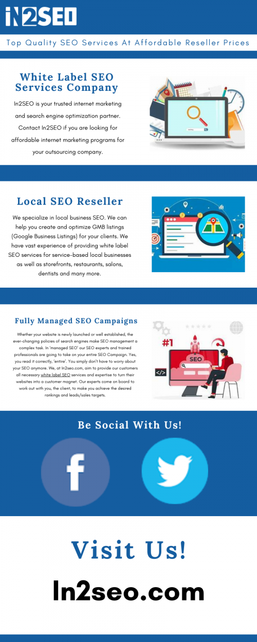 We provide top quality private white label SEO, GMB local SEO, ongoing link building, and DFY SEO reseller services to established and budding digital marketing agencies. We are one of the best search engine optimization outsourcing agencies in the industry. We provide affordable white label SEO packages and plans – we have something for everyone, whether it be a full-on competitive keyword ranking project or just some regular white label SEO maintenance of a blog. In2SEO is your trusted internet marketing, search engine optimization and white label GMB local SEO outsource partner. Visit here : https://in2seo.com/