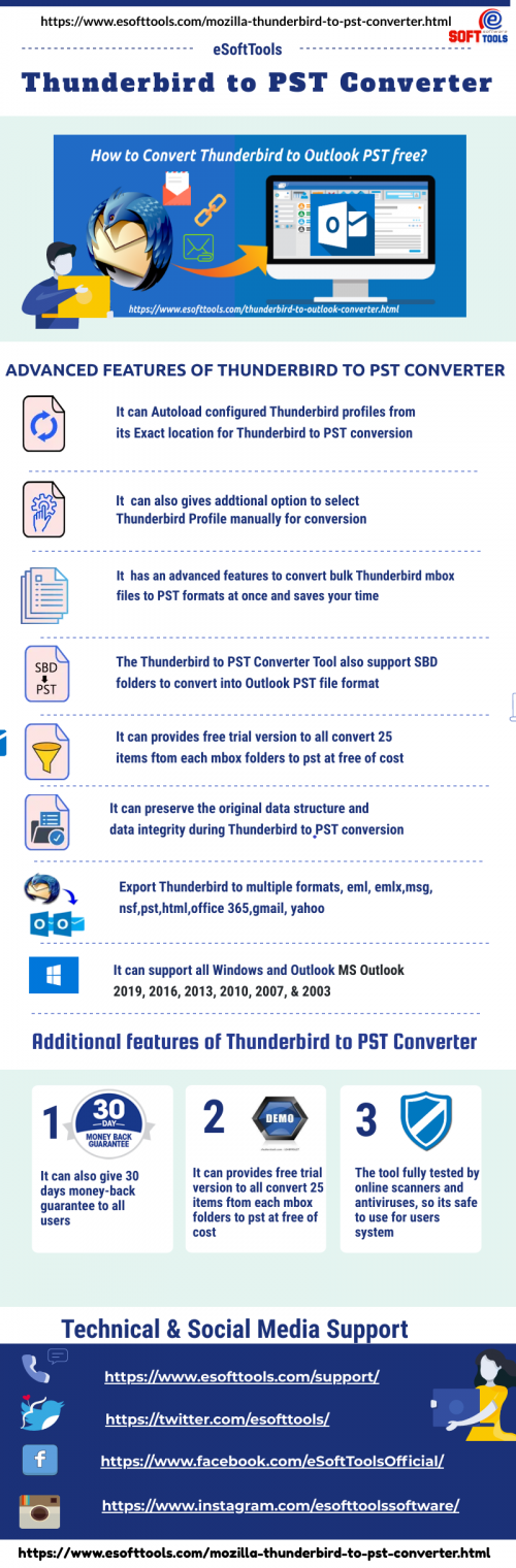 eSoftTools Thunderbird to PST Converter, you can easily convert Thunderbird to PST files. This tool supports all windows and outlook versions and converts Thunderbird files into multiple formats such as MSG, EML, EMLX, PST, Office 365, GMAIL, and YAHOO. Users can free download Thunderbird to PST converter. It can also offer a free demo pack to convert the initial 25 items from thunderbird to pst or others file formats.

Read more:- https://www.esofttools.com/mozilla-thunderbird-to-pst-converter.html