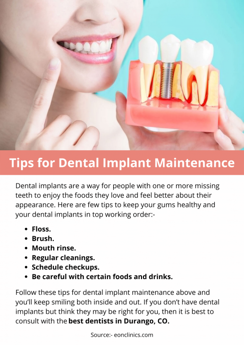 Dental implants are a way for people with one or more missing teeth to enjoy the foods they love and feel better about their appearance. There are many benefits to dental implants and the costs are low when compared to the improvement they make in patients’ lives. The first 48 hours after surgery requires special care, which the periodontist will discuss with you. Take care of your implants in the same way that you care for natural teeth with regular cleanings. The best dentist in Durango, CO may also use the scaling technique during cleaning. Floss twice a day making sure to get between teeth and around the abutments. For more details visit here https://sunrise-dentistry.com/services/durango-dentists/