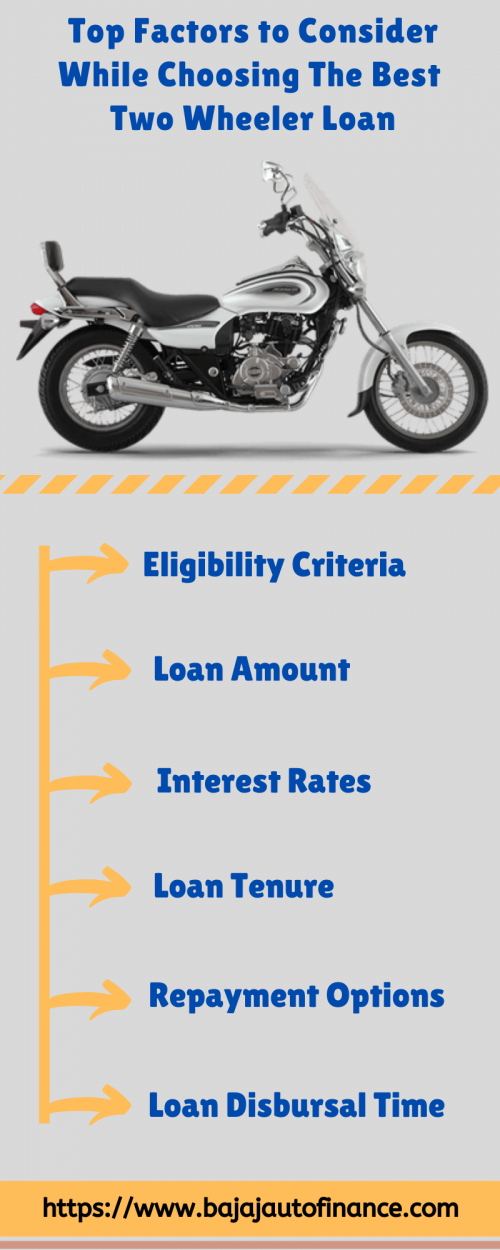 Nowadays, a Two wheeler loan is the best option to buy a new bike. Here are some factors to consider while choosing the best two-wheeler loan:-

Eligibility Criteria
Loan Amount
Interest Rates
Loan Tenure
Repayment Options
Loan Disbursal Time
Special Offers 

Apply Online:- https://www.bajajautofinance.com/two-wheeler-loan