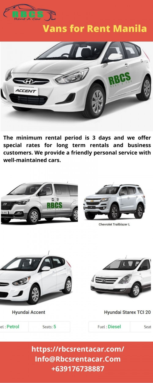 RBCS Rent a Car offers affordable Vans for Rent Manila. These cars can be rented out with driver or as self drive also. We have all kinds of cars such as luxury, sedans, suvs and many more to suit different types of requirements from our customers. Make your trip to Manila hassle-free and comfortable with our car rental services. https://rbcsrentacar.com/