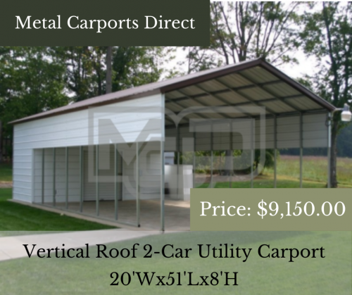 20' Wide x 51' Long x 8' High Combo/Utility Carport with our best A-Frame, Vertical Roof System. This unit consists of a double-wide carport shelter and a 20' wide x 10' deep storage room for enclosed, secure storage. It also features an 18" panel on each side wall for shade and gable end on the front for added shelter from the elements for your vehicles, as well as curb appeal. With all of our units, we can customize the shelter or storage area for your application. Call us: 844-337-4137