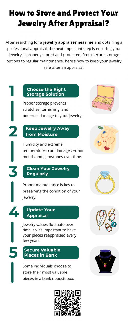 After an appraisal, store jewelry in a secure, climate-controlled space to prevent damage. Use soft-lined boxes and anti-tarnish pouches for protection. Keeping valuable pieces in a safe or deposit box adds extra security. Regular maintenance and inspections help preserve their condition. If you need expert advice on storage or an updated valuation, searching for a jewelry appraiser near me can help. To know more visit here https://www.futerbrosjewelers.com/services/jewelry-appraisals
