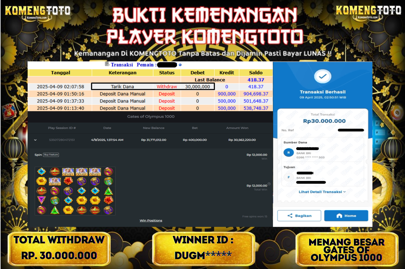 LAGI & LAGI!! KEMENANGAN BESAR DI SLOT  GATES OF OLYMPUS 1000  SEBESAR Rp.30.000.000 KOMENGTOTO BAYAR LUNAS SECEPAT KILAT !! KOMENGTOTO BAYAR SECEPAT KILAT !!