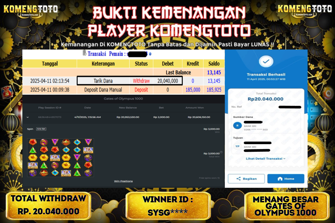 LAGI & LAGI!! KEMENANGAN BESAR DI SLOT  GATES OF OLYMPUS 1000  SEBESAR Rp.20.040.000 KOMENGTOTO BAYAR LUNAS SECEPAT KILAT !! KOMENGTOTO BAYAR SECEPAT KILAT !!