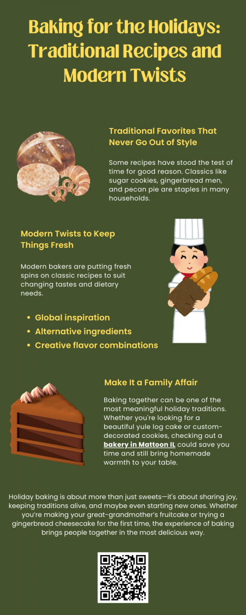 Holiday baking blends cherished traditions with creative twists, from classic cookies and pies to modern treats using global flavors and alternative ingredients. Whether you're baking with family or picking up festive goodies from a bakery in Mattoon IL, the season is all about sharing warmth, memories, and delicious moments with those you love. To know more visit here https://www.niemanns.com/stores/mattoon-illinois-61938/