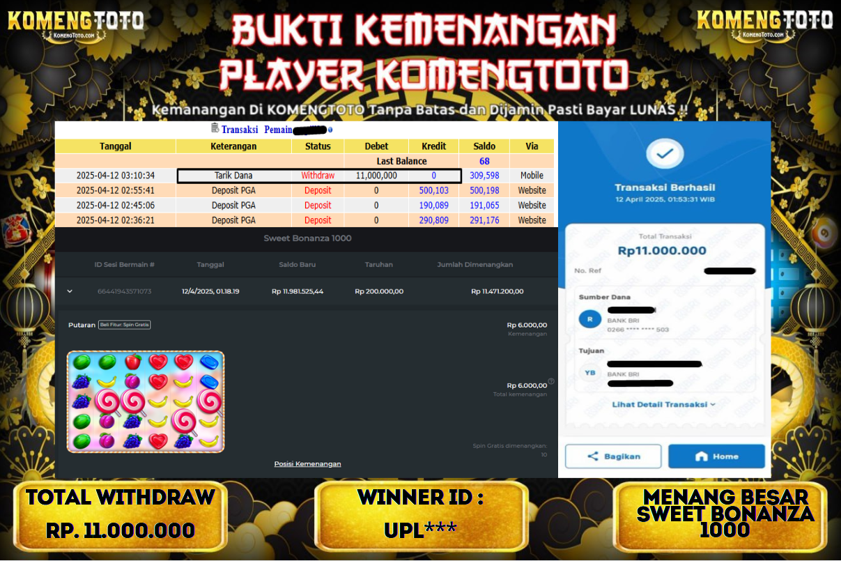 LAGI & LAGI!! KEMENANGAN BESAR DI SLOT SWEET BONAZA 1000  SEBESAR Rp.11.000.000 KOMENGTOTO BAYAR LUNAS SECEPAT KILAT !! KOMENGTOTO BAYAR SECEPAT KILAT !!