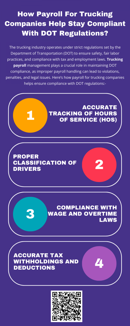 Trucking payroll services play a vital role in helping trucking companies stay compliant with DOT regulations by ensuring accurate wage payments, tax filings, driver classification, and proper record-keeping. By using professional payroll solutions, trucking companies can avoid costly penalties, maintain regulatory compliance, and focus on efficient operations. To know more visit here https://www.truckersprocpa.ca/trucking-payroll-services