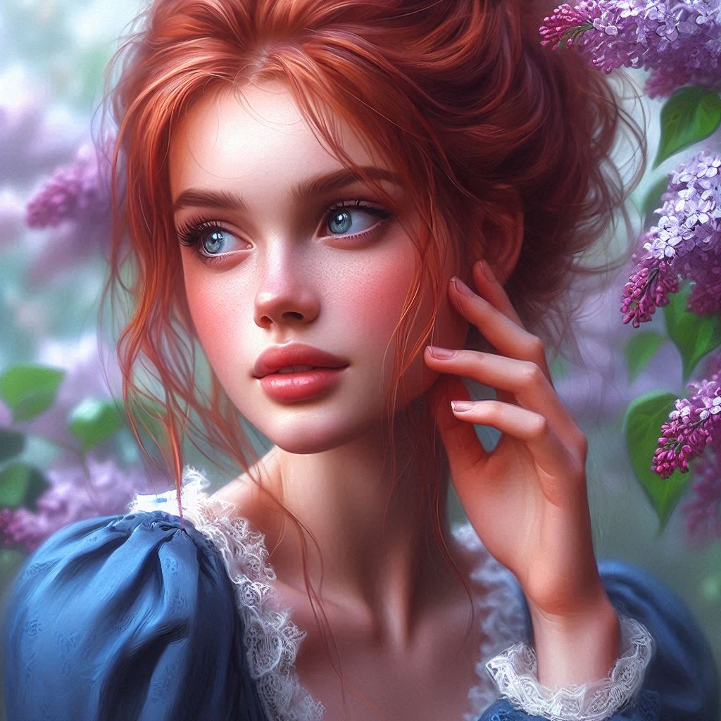 beautiful young woman with red hair, framed by blooming lilac branches. Her hair is gathered in a ca