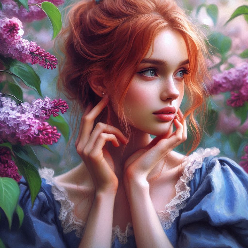 beautiful young woman with red hair, framed by blooming lilac branches. Her hair is gathered in a ca
