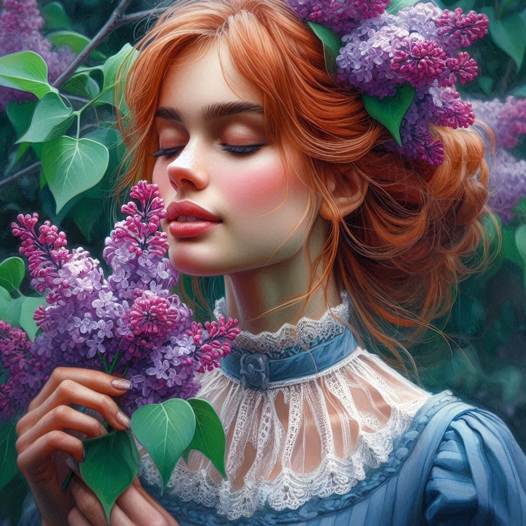 a young Russian woman with red hair decorated with lilac flowers. She is wearing a blue dress with l