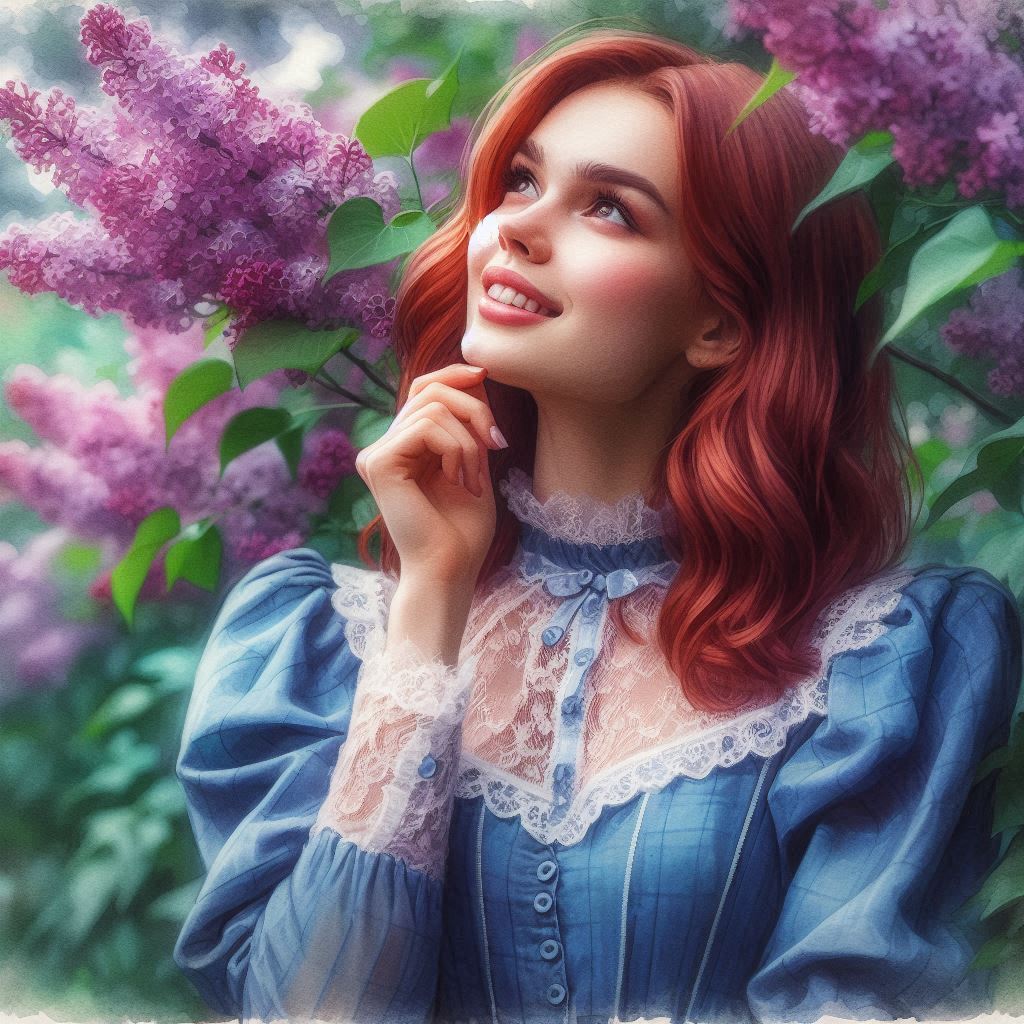 A young Russian woman with red hair standing in lilac bushes. She is wearing a blue dress with white