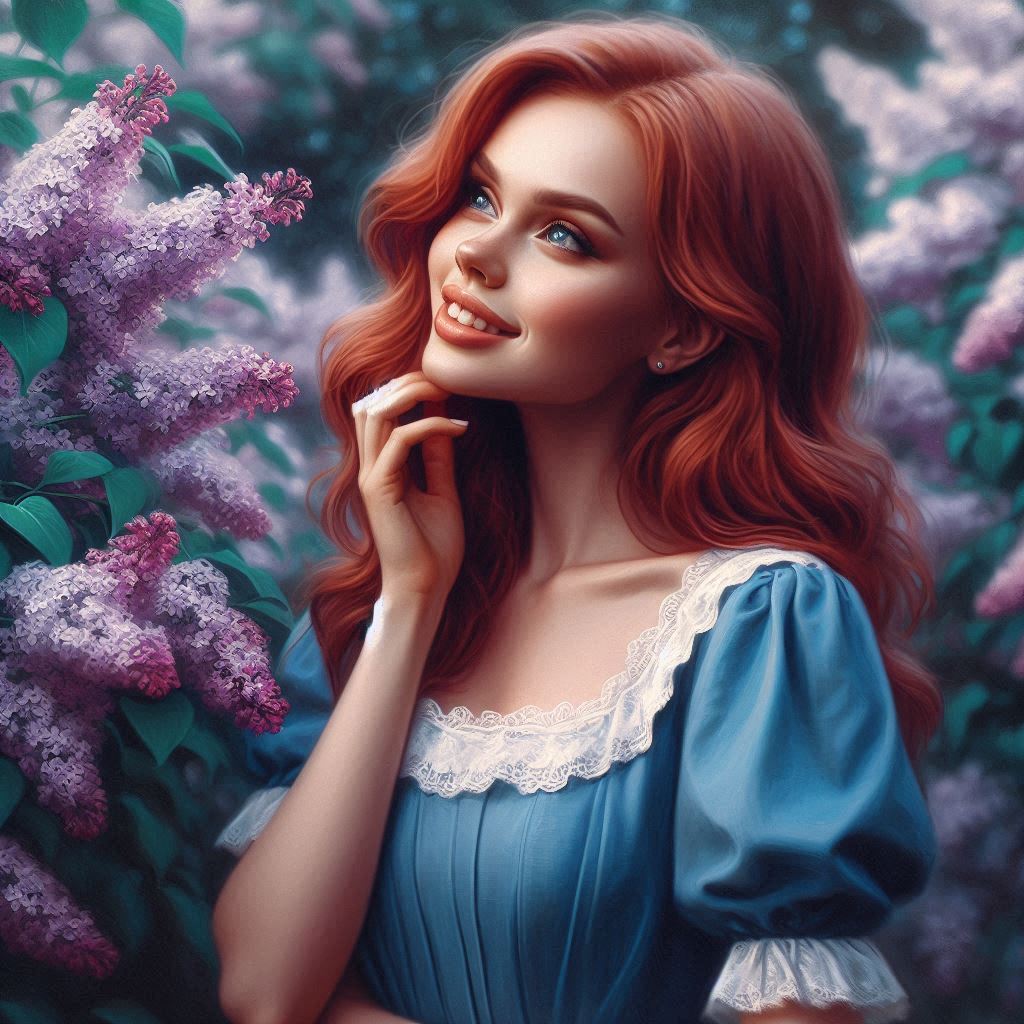 A young Russian woman with red hair standing in lilac bushes. She is wearing a blue dress with white