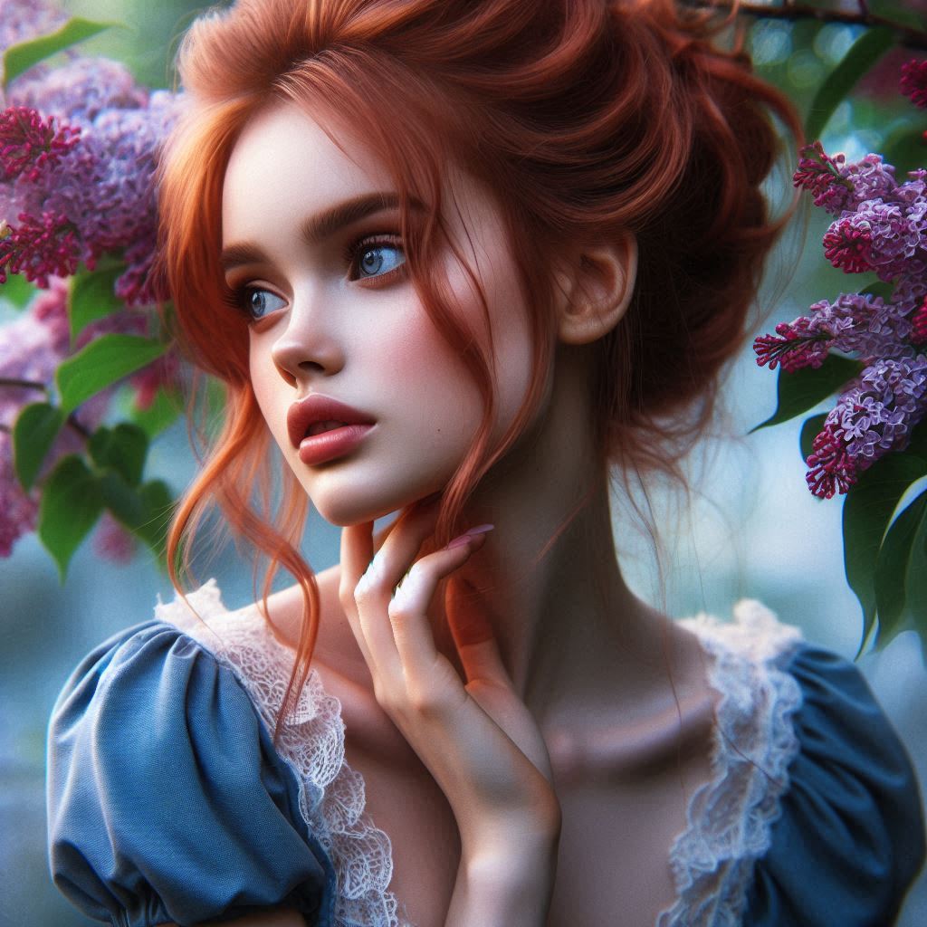 beautiful young woman with red hair, framed by blooming lilac branches. Her hair is gathered in a ca