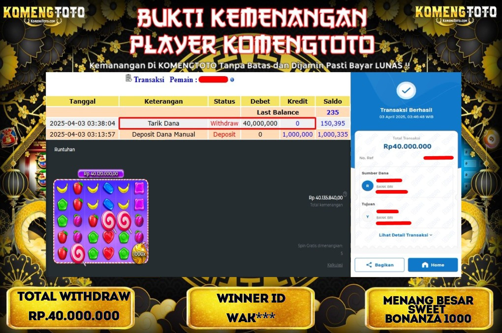 LAGI & LAGI!! KEMENANGAN BESAR DI SLOT  SWEET BONANZA 1000 SEBESAR Rp.40.000.000 KOMENGTOTO BAYAR LUNAS SECEPAT KILAT !! KOMENGTOTO BAYAR SECEPAT KILAT !!