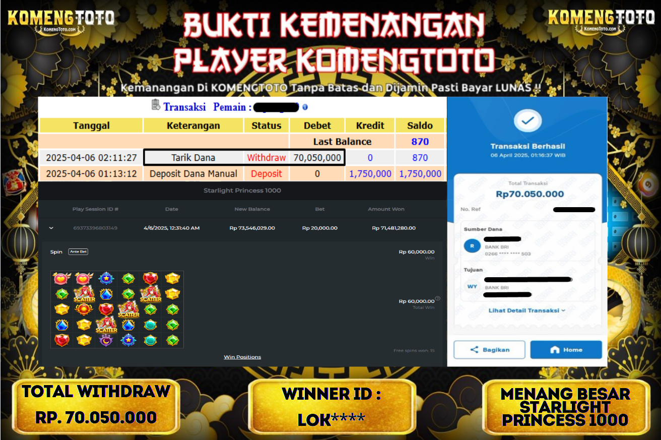 LAGI & LAGI!! KEMENANGAN BESAR DI SLOT  STARLIGHT PRINCES 1000 SEBESAR Rp.70.050.000 KOMENGTOTO BAYAR LUNAS SECEPAT KILAT !! KOMENGTOTO BAYAR SECEPAT KILAT !!
