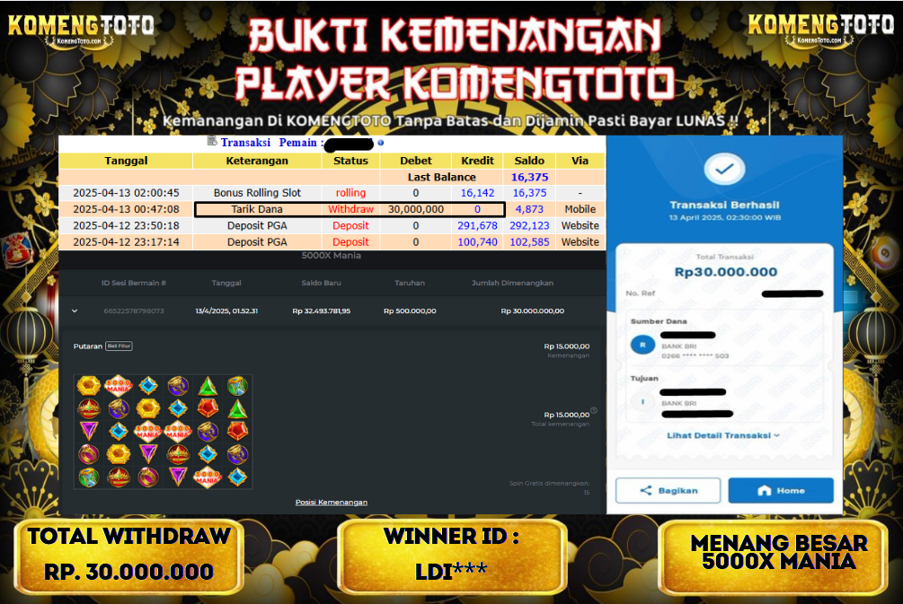 LAGI & LAGI!! KEMENANGAN BESAR DI SLOT 5000X Mania  SEBESAR Rp.30.000.000 KOMENGTOTO BAYAR LUNAS SECEPAT KILAT !! KOMENGTOTO BAYAR SECEPAT KILAT !!