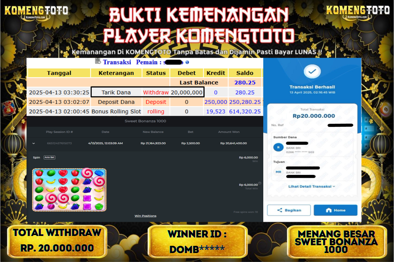 LAGI & LAGI!! KEMENANGAN BESAR DI SLOT  SWEET BONANZA  1000  SEBESAR Rp.20.000.000 KOMENGTOTO BAYAR LUNAS SECEPAT KILAT !! KOMENGTOTO BAYAR SECEPAT KILAT !!