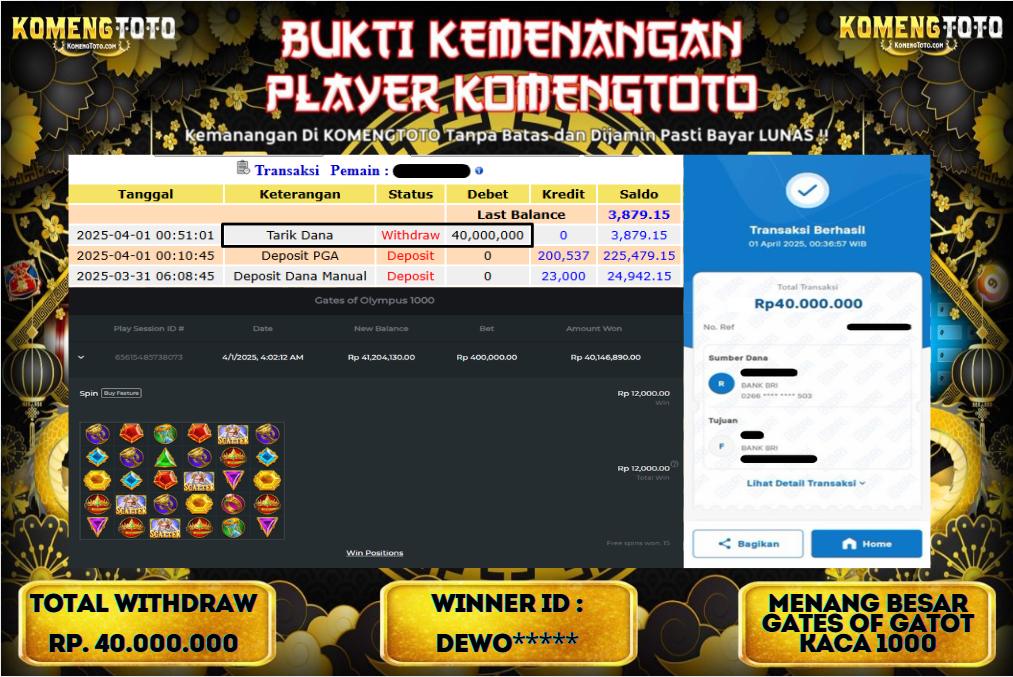 LAGI & LAGI!! KEMENANGAN BESAR DI SLOT GATES OF GATOT KACA 1000  SEBESAR Rp.40.000.000 KOMENGTOTO BAYAR LUNAS SECEPAT KILAT !! KOMENGTOTO BAYAR SECEPAT KILAT !!